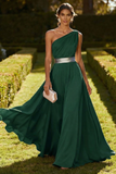 One Shoulder Olive A Line Chiffon Maxi Dress