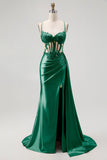 Sparkly Champagne Mermaid Corset Beaded Side Streamer Long Formal Dress with Slit