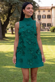 Hot Pink High Neck A-Line Short Formal Dress with 3D Flowers