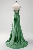 Sparkly Burgundy Mermaid Strapless Ruffled Corset Satin Long Formal Dress with Slit