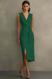 Black Satin V-Neck Bodycon Long Formal Dress with Sash