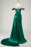 Mermaid Off the Shoulder Beaded Ruched Satin Golden Long Formal Dress with Slit