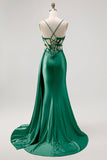 Sparkly Champagne Mermaid Corset Beaded Side Streamer Long Formal Dress with Slit