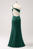 Olive One Shoulder Mermaid Satin Long Bridesmaid Dress