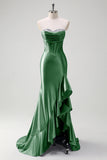Sparkly Burgundy Mermaid Strapless Ruffled Corset Satin Long Formal Dress with Slit