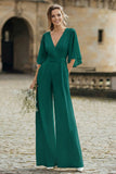 Simple Ivory V-Neck Flutter Sleeves Wedding Jumpsuit with Pocket