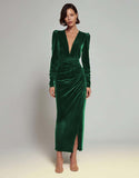 Olive Sheath V-Neck Ruched Velvet Long Formal Dress with slit