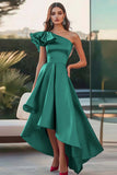 Burgundy Satin One Shoulder High-Low Ruffled A Line Formal Dress