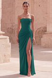 Light Pink Strapless Sheath Ruched Long Formal Dress with Slit