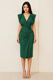 Black Satin Midi V Neck Ruched Bodycon Formal Dress
