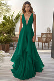 Black Ruffled A Line Chiffon V Neck Long Formal Dress