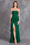Black Chiffon Strapless Ruffled Long Formal Dress with Slit