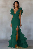 Yellow Chiffon V-Neck Long Mermaid Ruffles Formal Dress with Slit