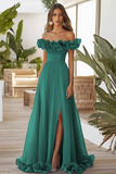 Off The Shoulder Red A Line Ruffled Long Formal Dress With Slit