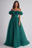 Dusty Sage Tulle Off The Shoulder Ruffled Ball Gown Long Formal Dress