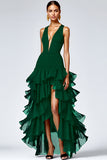Black Ruffled V Neck Long Formal Dress with Slit