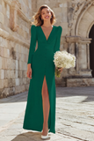 Simple Ivory Sheath Deep V-Neck Long Sleeves Wedding Dress with Slit