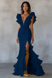 Yellow Chiffon V-Neck Long Mermaid Ruffles Formal Dress with Slit