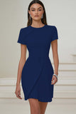 Ivory Satin A Line Pleated Short Work Dress with Short Sleeves