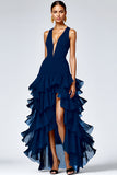Black Ruffled V Neck Long Formal Dress with Slit