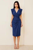 Black Satin Midi V Neck Ruched Bodycon Formal Dress