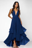 Red Deep V Neck Ruched Ruffles A Line Formal Dress