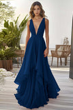 Orange Ruffled A Line Chiffon V Neck Long Wedding Guest Dress
