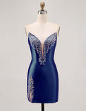 Sparkly Fuchsia Strapless Beaded Bodycon Short Cocktail Dress with Slit