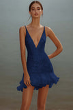 Sparkly White Bodycon V Neck Sequin Ruffled Short Graduation Dress