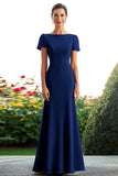 Royal Blue Crepe Satin Sheath Short Sleeves Long Mother Of Bride Dress