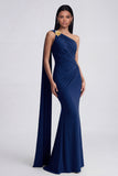 Olive Mermaid One Shoulder Long Formal Dress with Side Cape