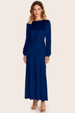 Black Satin Boat Neck A-Line Long Formal Dress with Long Sleeves