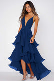 Ruffled Tiered Black Chiffon Spaghetti Straps Formal Dress