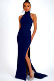 Sky Blue Halter Satin Mermaid Long Formal Dress with Slit