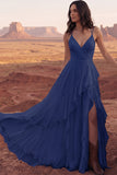 Ivory Spaghetti Straps A Line Ruffled Boho Wedding Dress with Slit