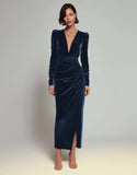 Olive Sheath V-Neck Ruched Velvet Long Formal Dress with slit