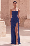 Light Pink Strapless Sheath Ruched Long Formal Dress with Slit