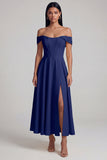 A-Line Off the Shoulder Yellow Corset Maxi Wedding Guest Dress with Slit