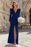 Simple Ivory Sheath Deep V-Neck Long Sleeves Wedding Dress with Slit