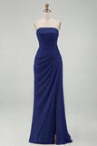 Light Pink Strapless Sheath Ruched Long Formal Dress with Slit