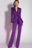 Dark Purple 2 Piece Notched Lapel Ruched Prom Suits with Sash
