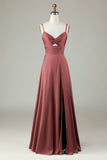 Dusty Rose Keyhole Spaghetti Straps Bridesmaid Dress with Slit