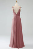 A-Line Desert Rose Spaghetti Straps Pleated Chiffon Long Bridesmaid Dress