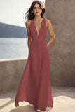 Ivory Pleated Chiffon Deep V-Neck Maxi Boho Formal Dress