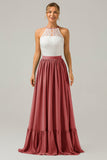 Champagne Keyhole Boho Chiffon Long Bridesmaid Dress with Lace