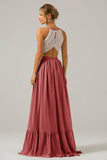 Champagne Keyhole Boho Chiffon Long Bridesmaid Dress with Lace