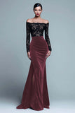 Off The Shoulder Mermaid Lace Velvet Black Formal Dress With Slit