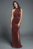 Halter Burgundy Velvet Sheath Ruched Formal Dress with Slit