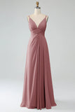 A-Line Desert Rose Spaghetti Straps Pleated Chiffon Long Bridesmaid Dress