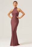 Champagne Halter Mermaid Bridesmaid Dress with Slit